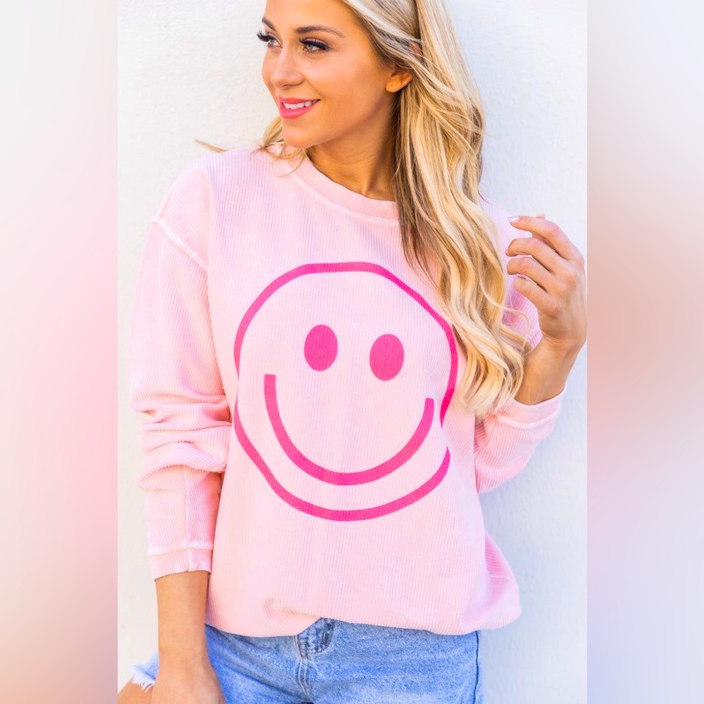 Pink Lily Smiley Face Pink Corded Graphic
Sweatshirt
